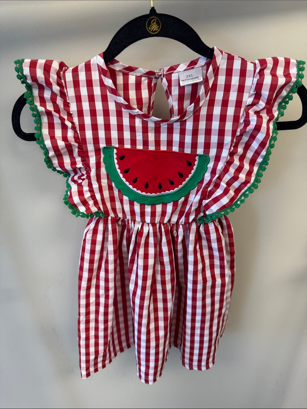 Red & White Gingham Watermelon Applique Dress